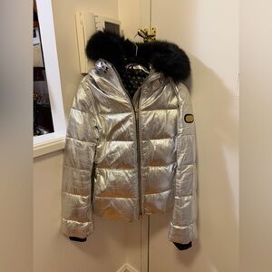 GORSKI Metallic Silver Puffer Jacket with Black Fur Hood